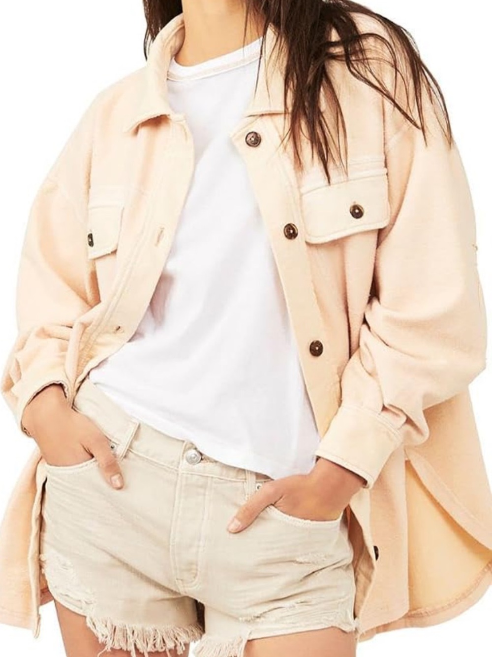 Free People Sweetheart Sunrise Pale Peach Ruby Button-Up Shacket S